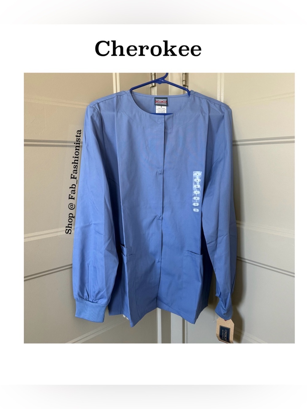 Cherokee Workwear Women's 3-Pocket Snap Front Scrub Jacket size small Ceil Blue